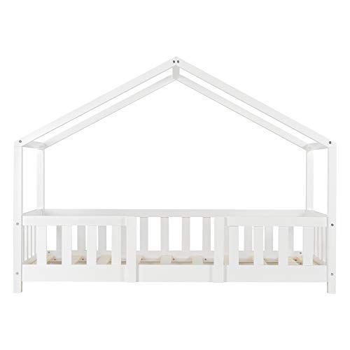 Cama para niños de Madera Pino Treviolo con Colchón Ortopédico 80 x 160 cm Cama Infantil con Reja Protectora Casita Forma de casa Blanco Lacado Mate