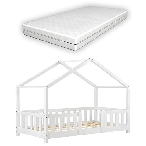 Cama para niños de Madera Pino Treviolo con Colchón Ortopédico 80 x 160 cm Cama Infantil con Reja Protectora Casita Forma de casa Blanco Lacado Mate