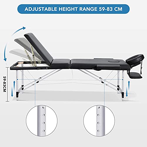 Camilla de Masaje para SPA, Cama de Masaje, Plegable, 3 Secciones, de Aluminio, Patas Plegables, portátil, con Agujero para la Cara, Bolsa de Transporte, Respaldo y Altura Ajustable