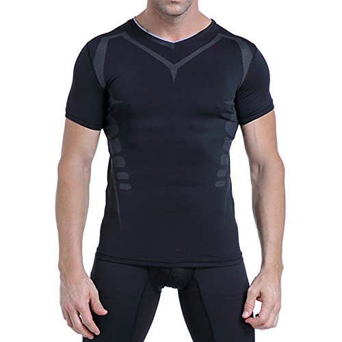 Camiseta de compresión para hombre Amzsport, manga corta, color Negro , tamaño M