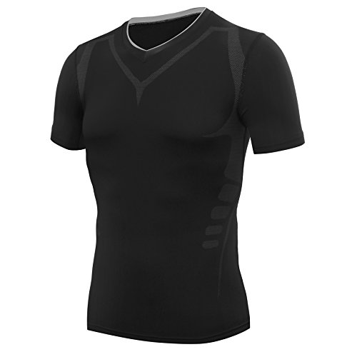 Camiseta de compresión para hombre Amzsport, manga corta, color Negro , tamaño M