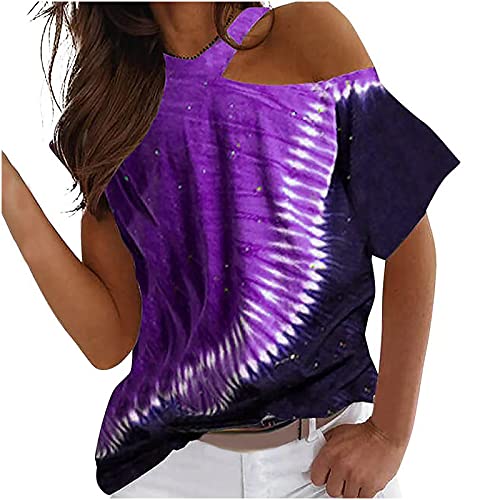 Camiseta de mujer elegante y sexy, hombros descubiertos, de manga corta, parte superior de moda con impresión de tie, retro, grande, holgada, informal, morado, XL