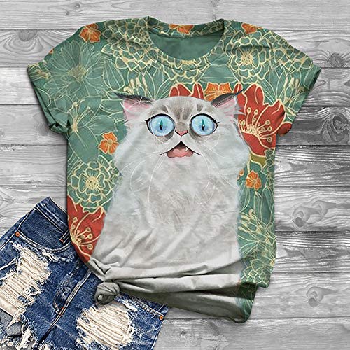 Camiseta para Mujer Mujeres Moda Cuello Redondo Manga Corta Lindo Animal Manga Corta Tops Suelto Algodón Sweatshirt Moda y Comodo YANFANGSWhite