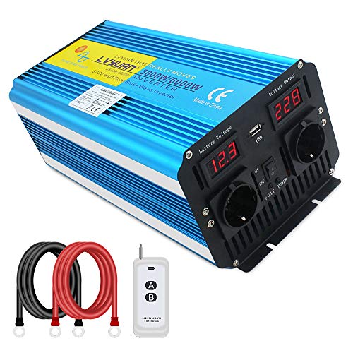 Cantonape Inversor de Corriente Onda Sinusoidal Pura 3000W/6000W Convertidor 12V a 220V 230V con Control Remoto Salidas de AC Dobles & Pantalla 2 LED para el Uso en el hogar del Carro de RV