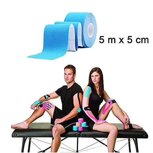 CareHabi - Cinta de kinesiología deportiva, 5 m x 5 cm, 3 rollos (1 azul, 1 rosa, 1 negro), cinta de kinesiología resistente al agua y elástica para deporte.