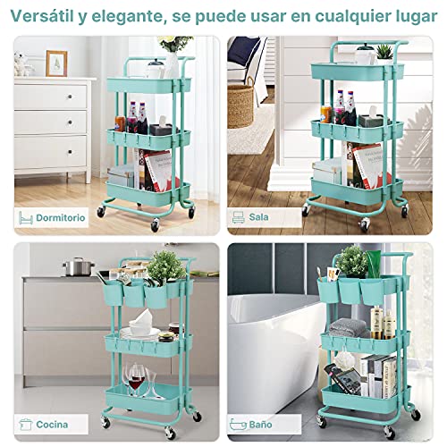 Carrito de Cocina, E-Plus Living Carrito Auxiliar con 3 Niveles, Carro de Almacenamiento de 3 Niveles con Ruedas Bloqueadas, Carrito para Cocina, baño, Dormitorio de Almacenamiento, Pintura (Azul)