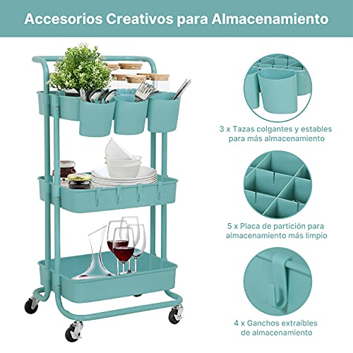 Carrito de Cocina, E-Plus Living Carrito Auxiliar con 3 Niveles, Carro de Almacenamiento de 3 Niveles con Ruedas Bloqueadas, Carrito para Cocina, baño, Dormitorio de Almacenamiento, Pintura (Azul)