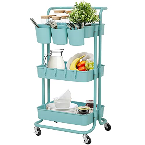 Carrito de Cocina, E-Plus Living Carrito Auxiliar con 3 Niveles, Carro de Almacenamiento de 3 Niveles con Ruedas Bloqueadas, Carrito para Cocina, baño, Dormitorio de Almacenamiento, Pintura (Azul)