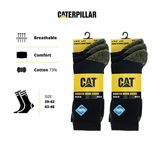 Caterpillar Diabetic Work Socks 6 Pares Calcetines Trabajo, Mejor Circulación Sanguínea, Talón Puntera Reforzados, Absorción Humedad, No Aprieta, Algodón, Remallado a Mano (Negro, 43-46)