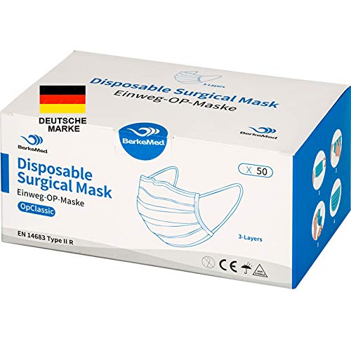 CE Mascarillas quirurgicas desechables homologadas, Rendimiento del filtro ≥99%, Mascarillas quirurgicas según EN 14683 tipo IIR (50 piezas), Adecuado para entornos de trabajo médico