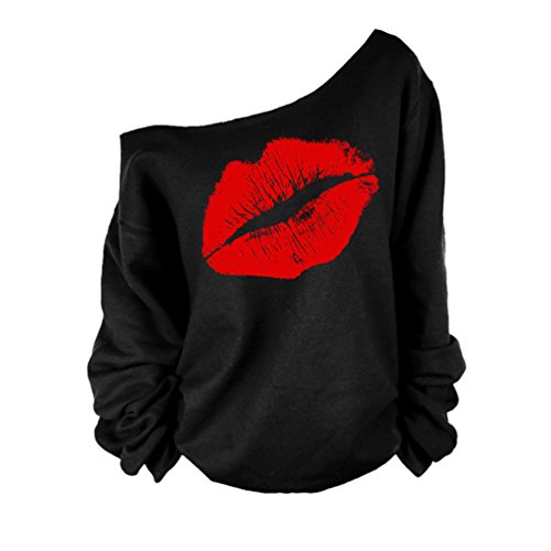 Cerui Mujeres Camisetas Sweatshirt Fuera del Hombro Manga Larga Sudaderas Tamaño L Rojo Negro