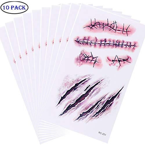 Chengzhi Tatuajes Temporales (10 Hojas) - Halloween Zombie Cicatrices Tatuajes Pegatinas con Falso Scab Sangre Especial Fx Costume Maquillaje Props