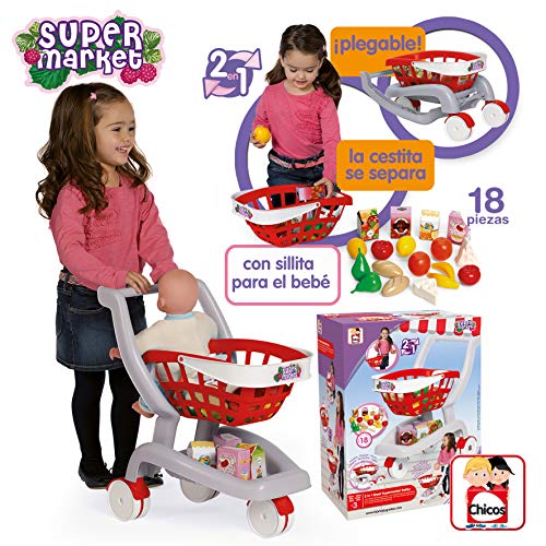 Chicos - Gran Carrito Supermercado Plegable, con Sillita para Bebé, 18 Accesorios Incluidos, (Fábrica de Juguetes 84158)