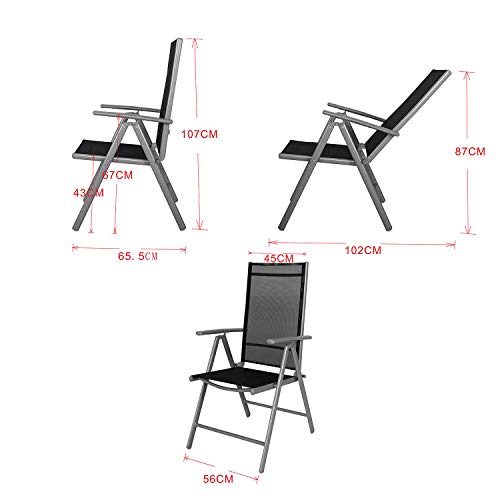 Chicreat - Silla plegable de aluminio con respaldo alto reclinable con 7 posiciones, Plateado/Negro Transparente (set de 2)