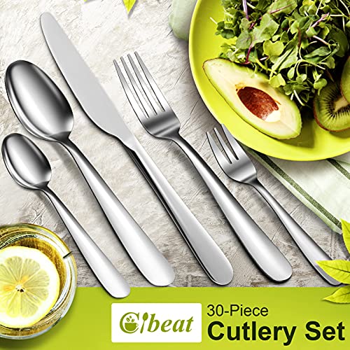 Cibeat Cubertería de 30 piezas de acero inoxidable plateado, cuchillo, tenedor y cuchara, juego de utensilios para 6, pulido de espejo y apto para lavavajillas.