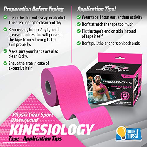 Cinta para kinesiología (2 unidades, o 1 unidades) PHYSIX Gear Sport, 5 cm x 5 m rollo, mejor impermeable soporte muscular adhesivo, Fisioterapia terapéutico ayuda, incluye cinta 82pg paso a paso guía electrónica, 2 Pack Nude Beige Tape + eGuide