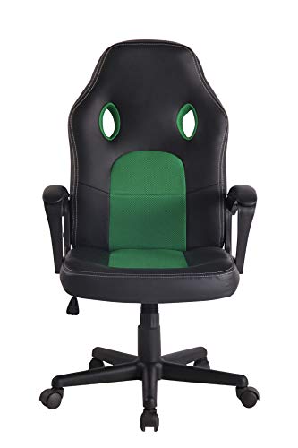 CLP Silla De Oficina Elbing En Cuero PU I Silla De Ordenador Giratoria & Regulable En Altura I Silla Gamer Deportiva con Ruedas, Color:Negro/Verde