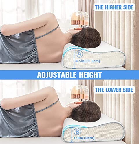 Cojín cervical de altura ajustable, almohada de espuma viscoelástica, almohada cervical ergonómica para dolores de cuello, almohada cervical para dormir con 1 almohada de viaje y 2 fundas lavables.