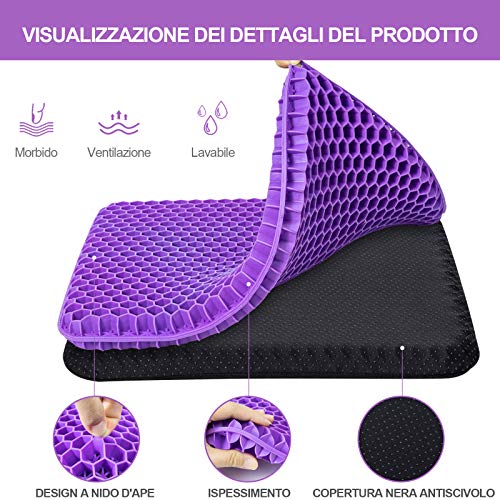 Cojín de gel con funda antideslizante, transpirable y elástica, para aliviar la fatiga de la cadera, para coche, oficina, casa (morado)