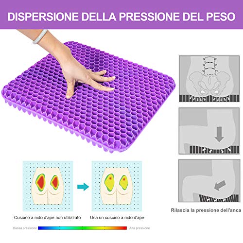 Cojín de gel con funda antideslizante, transpirable y elástica, para aliviar la fatiga de la cadera, para coche, oficina, casa (morado)