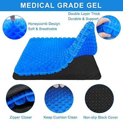 Cojín de gel para asiento, cojín de gel de huevo de doble grosor extragrande con alivio del dolor del coxis en la espalda para el hogar de la oficina del coche (con funda de asiento antideslizante)