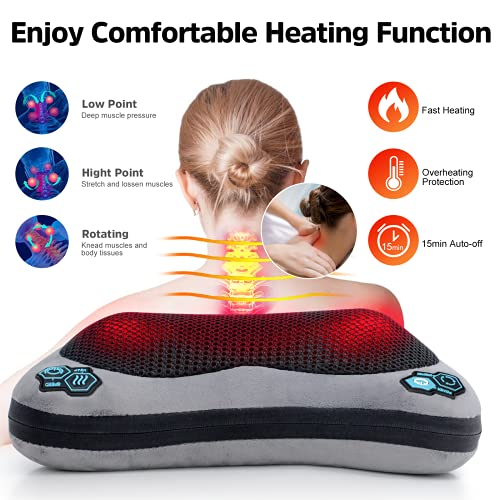 Cojín de Masaje Shiatsu Calefacción, ROIPUS Masajeador Espalda y Cervicales 3D Masajeador Almohada Eléctrico, Alivia Los Músculos del Cervical, Piernas, Hombro, Brazo, para Oficina Hogar y Coche