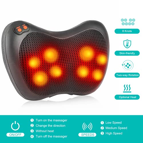 Cojín de Masaje,Almohada de masaje eléctrico con 8 bolas de masaje y amasado térmico, 3 velocidades ajustables, Masajeador de hombros profundo para cuello, hombros, espalda en casa, oficina, coche