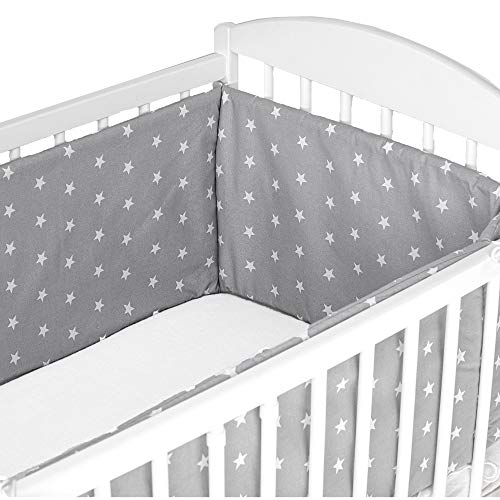 Cojin protector cuna 420 x 30 cm - chichonera bebe cuna Gris con estrellas blancas