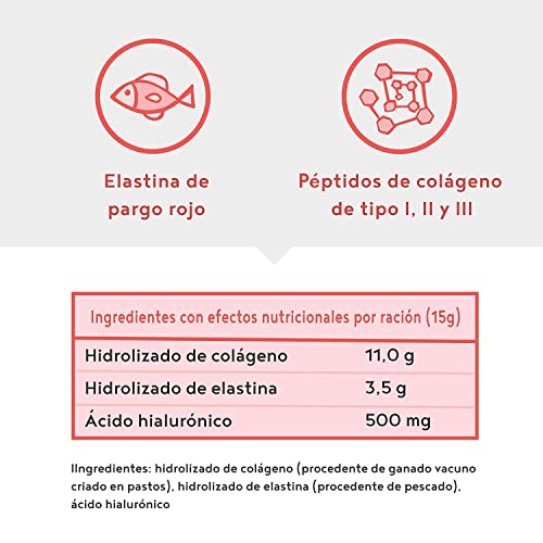 Colágeno con elastina y ácido hialurónico - Péptidos de hidrolizado de colágeno de tipo I, II y III - Sin aditivos - Sin sabor - 450 gramos