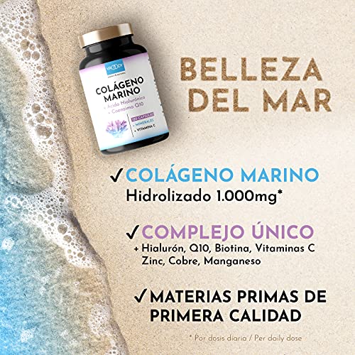 Colageno Marino Hidrolizado 1000mg alta dosis - 120 Cápsulas + Manganeso, Coenzima Q10, Zinc, Cobre, Vitaminas C y Biotina - Libre de aditivos, Fabricado en Austria por VROODY