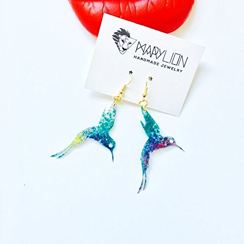 Colibrí - Pendientes largos con brillantes - Pendientes con pájaros - Joyas colibrí - Accesorios - Novedad pendientes - Bisutería aretes