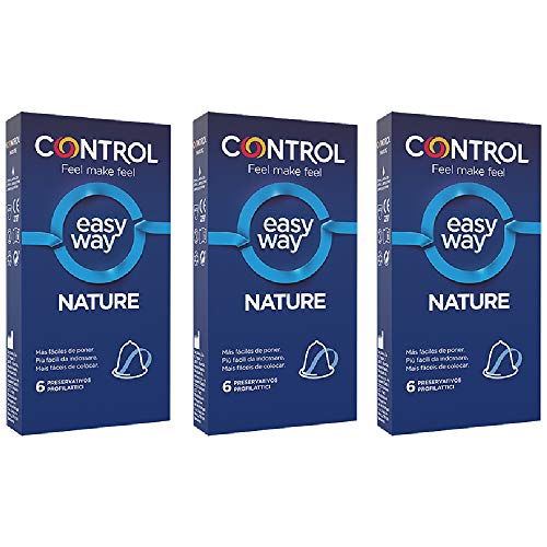 CONTROL Kit de 3 cajas de preservativos Nature Easy Way, 18 preservativos. Cada caja contiene 6 preservativos con una delicada lengüeta que permite desenrollarlo con un solo gesto