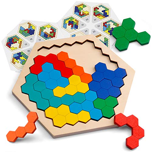 Coogam De Madera Hexágono Rompecabezas - Bloque de Forma Tangram Rompecabezas Juguete Geometría Lógica IQ Juego Stem Montessori Regalo Educativo para Todas Las Edades Desafío