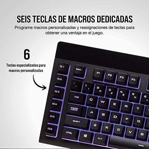 Corsair K55 RGB Teclado para Juegos con Teclas de Membrana, Retroiluminación RGB Dinámica, 6 Teclas Macro con Integración el Software Elgato, Resistencia al Polvo y los Derrames, QWERTY, Negro