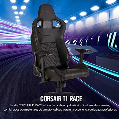 Corsair T1 Race Silla de Oficina, para Videojuegos, Polipiel, fácil de ensamblar, giratoria ergonómica, Altura Ajustable y reposabrazos 4D, Asiento cómodo y reclinable, Negro, 134 x 58 x 58 cm