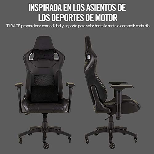 Corsair T1 Race Silla de Oficina, para Videojuegos, Polipiel, fácil de ensamblar, giratoria ergonómica, Altura Ajustable y reposabrazos 4D, Asiento cómodo y reclinable, Negro, 134 x 58 x 58 cm