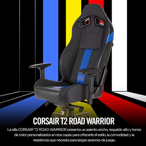 Corsair T2 Road Warrior Silla de Oficina, para Videojuegos Polipiel, Fácil De Ensamblar, Giratoria Ergonómica, Altura Ajustable Y Reposabrazos 4D, Asiento Ancho Y Cómodo con Reclinador Alto, Azul