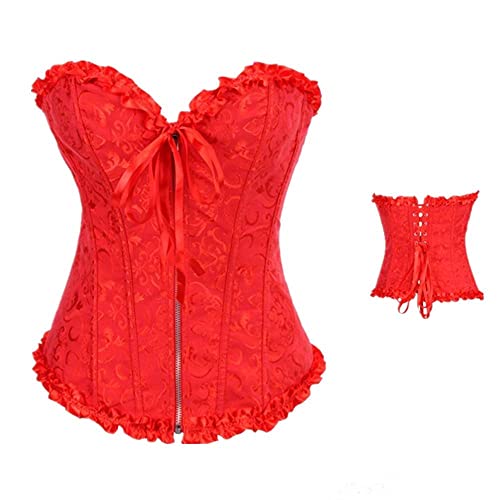 Corset Corsé Mujer Corte De Damas Jacquard Encaje Cremallera Overbust Corset Sexy Body Shaping Top-Red_S