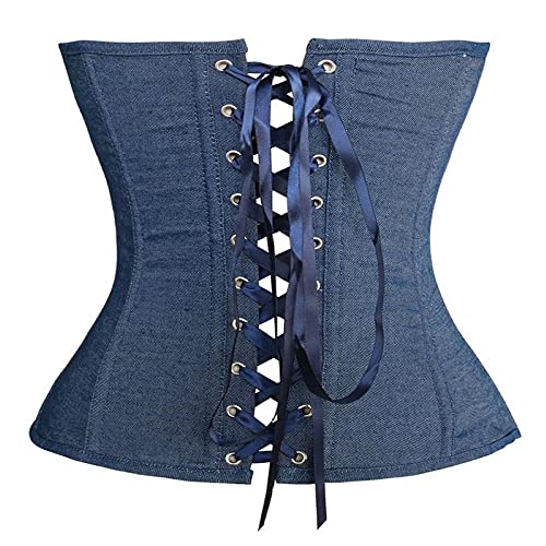 Corset Corsé Mujer Palace Simple Blue Denim Overbust Corset Ladies Gothic Body Sculpting Tops S-6Xl-Blue_S