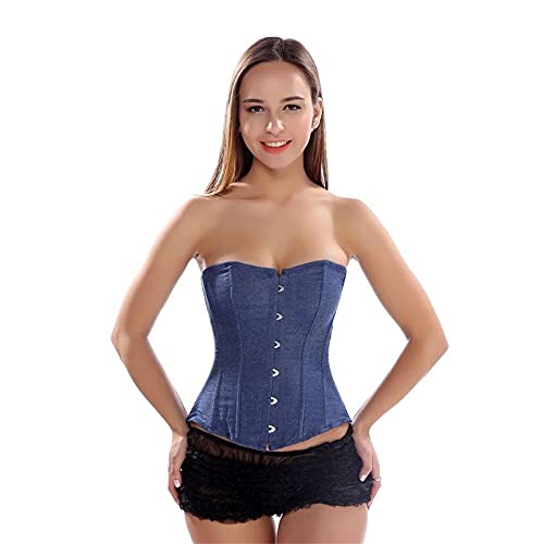 Corset Corsé Mujer Palace Simple Blue Denim Overbust Corset Ladies Gothic Body Sculpting Tops S-6Xl-Blue_S