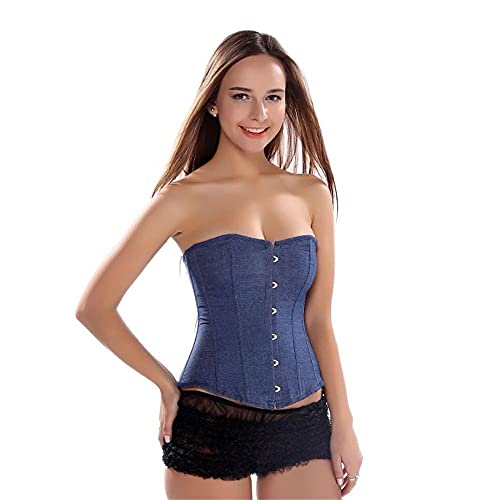 Corset Corsé Mujer Palace Simple Blue Denim Overbust Corset Ladies Gothic Body Sculpting Tops S-6Xl-Blue_S