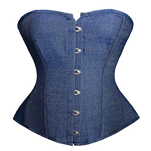 Corset Corsé Mujer Palace Simple Blue Denim Overbust Corset Ladies Gothic Body Sculpting Tops S-6Xl-Blue_S