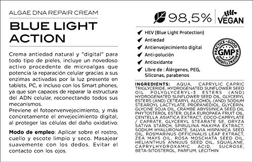 Crema facial vegana antiarrugas Blue light, con novedoso activo procedente de microalgas, para todo tipo de pieles, cara y cuello, 100% ingredientes veganos, piel luminosa, hidratada. 50 ml