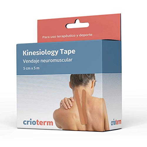 CRIOTERM Kinesiology Tape 5m x 5cm. Vendaje Neuromuscular Para Uso Terapéutico y Deportivo. Elástico e Impermeable (Beige)