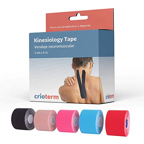 CRIOTERM Kinesiology Tape 5m x 5cm. Vendaje Neuromuscular Para Uso Terapéutico y Deportivo. Elástico e Impermeable (Negro)