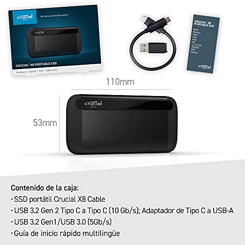 Crucial CT1000X8SSD9 X8-SSD portátil 1TB, de hasta 1050 MB/s, USB 3.2, Unidad de estado sólido externa USB-C, USB-A