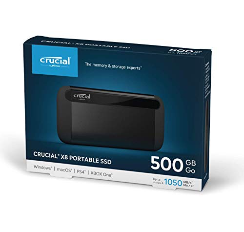 Crucial CT500X8SSD9 X8 500 GB SSD portátil ,de hasta 1050 MB/s ,USB 3.2, Unidad de estado sólido externa USB-C, USB-A