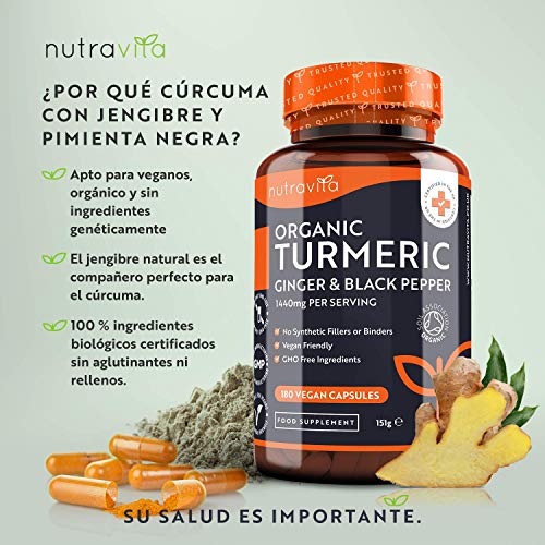 Cúrcuma Orgánica de 1440mg con Jengibre y Pimienta Negra - 180 Cápsulas Veganas - Cúrcuma en Cápsulas Alta Resistencia - Curcuma Ecologica en Polvo con Extracto de Curcumina - Fabricado por Nutravita