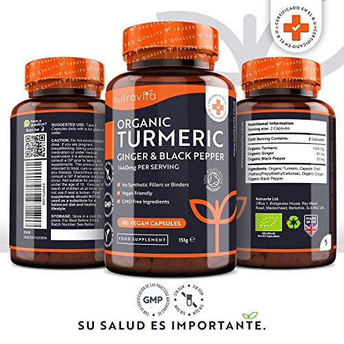 Cúrcuma Orgánica de 1440mg con Jengibre y Pimienta Negra - 180 Cápsulas Veganas - Cúrcuma en Cápsulas Alta Resistencia - Curcuma Ecologica en Polvo con Extracto de Curcumina - Fabricado por Nutravita