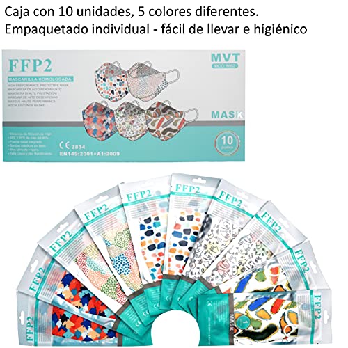 Cussi - 10x Mascarilla Protectora FFP2 NR Adulto 5 capas Colores Variados (forma de Pez) + Mask Case color aleatorio